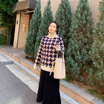 Alai custom large size womens 2019 new sea horse hair loose fat mm thousand bird bird grid sweater women loose wild