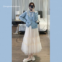 I have met the clothing store 8158 RPIN fog blue stitching lace knitted cardigan sweater lace skirt