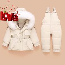 Down jacket manufacturers childrens down jacket set c baby two-piece thick warm strap pants 80-100