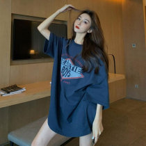 South Korea summer new Hong Kong style letter printing loose thin ins medium long short sleeve T-shirt skirt women tide girlfriends big size