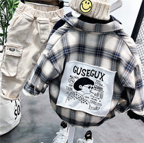 Korean boys fashion plus velvet shirt 2021 autumn and winter boys thick Foreign style plaid shirt boy base shirt