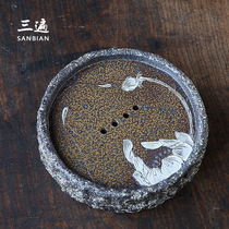 Japanese wood-fired coarse pottery pot Dry bubble table Handmade tea pot holder Round dry bubble plate Water storage tea set accessories