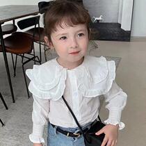 Girl Foreign Air Pure Cotton Short of pure color shirt 2022 Spring fit new girl cute shirt Korean version of blouses