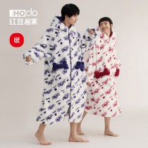 Red bean dressing robe couple coral wool coral weed mid - long winter wearing jacket cartoon bathrobe