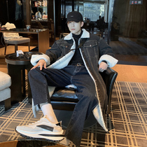 Hualun winter denim paneled lamb fur coat Korean version trend plus plush loose mid-length warm cotton coat men