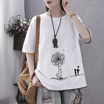 Han Suoyi Retro Art Summer Five-Sleeve Crewneck Jacket Loose Lazy Wind Embroidered Dandelion T-shirt Women's Wear