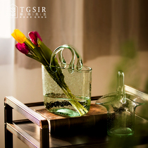 Nordic portable glass bag vase creative water home transparent big mouth flower basket flower arrangement TV cabinet ornaments