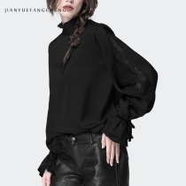 2021 spring long-sleeved chiffon shirt top womens stand-up collar lace shirt top mesh Western style fashion shirt European small shirt