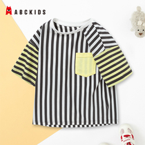 Abckids Childrens Clothing Childrens classic round neck T-shirt Summer casual comfortable loose breathable Mens and womens striped short sleeves