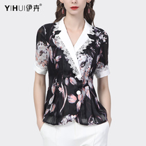 Shirt Woman Suit Collar Splicing Lace Blouse Printed Snowspun Shirt Short Sleeve Shirt 2022 Summer New Fashion OL
