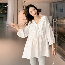 Pregnant Women summer shirt long ruffled v-neck temperament doll shirt Korean loose cotton linen top dress