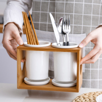 Kitchen ceramic chopsticks tube non-grain double tube mildew-proof household glossy tableware chopsticks storage box cage porous drain