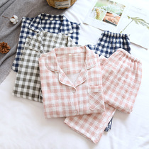 Couple plaid pajamas spring and Autumn cotton crepe thin section sweat-absorbing mens large size cardigan Japanese casual home wear suit