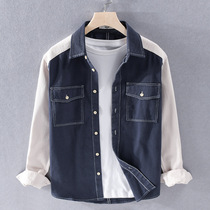 Day Series Trend Collage Denim Shirt Men Fall New Long Sleeve Blouse Loose Casual Pure Cotton Lining Jacket