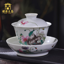 Jingdezhen ceramics Full hand painted pastel poppies Three-cai Gaiwan Tea bowl Kung Fu tea set Single teacup