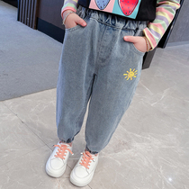 Girls jeans spring and autumn 2021 new childrens foreign style trousers casual loose bunch feet baby autumn pants