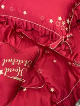 Four-piece cotton cotton romantic big red star embroidery 60 tribute satin long staple cotton sheets quilt cover bedding