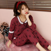Pajamas womens spring and autumn cotton long-sleeved two-piece suit Korean version of sweet autumn and winter autumn cotton home clothes autumn