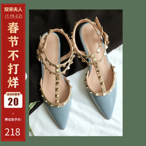 Blue high-heeled shoes ins fairy style rivet Baotou sandals womens large size net red womens shoes 41-43 pointed toe thick heel