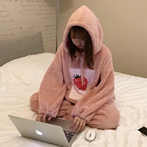 Korean version plus velvet plush pajamas female autumn student suit cute warm ins loose girlfriends home clothes