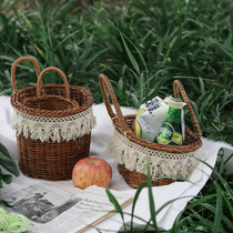 Sakura on Huazha Japanese pastoral handmade rattan picnic basket fruit basket living room household bread basket woven basket