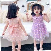 Girls dress 2021 summer new 1 child 2 sleeveless vest 3 foreign style little daisy mesh princess dress 5 years old