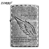 Zorro kerosene lighter ancient silver angel wings personality retro windproof mens creative gift custom lettering