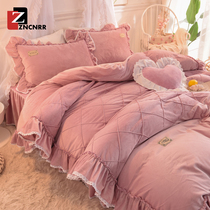 Coral velvet four-piece set of light luxury crystal velvet Princess wind sheets Bed skirt Flannel duvet cover double-sided velvet bedding