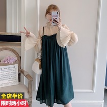 2021 Fall new online Red Pregnancy Maternity dress Long style Autumn Clothing Foreign Air Fashion Harness dress with dress Long sleeve blouse