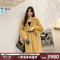 2022 new mink fur coat women's mink mid-length young fashion V-neck belt imported mink coat