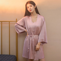 Sleepwear Girl Spring Summer Sexy Thin style Home Emulated Silk Morning Gown Ice Silk Harnesses Sleeping Skirts Loose Sleepwear and two sets