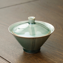 Zheming Jingdezhen bucket hat bowl Plum Green Tea Bowl Yue kiln celadon hand retro Chinese style three talent tea bowl