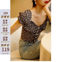 MICHELLLYMO style retro oil painting wind V collar foam with high waist crumbled short and small blouses