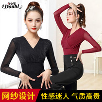 Dambao Luos new Latin dance female v collar mesh yarn blouses dance practice Merden dance professional national standard dance dress