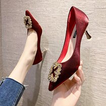 Red High heel Shoe woman 2022 Spring new bridal shoes wedding shoes can normally wear 100 hitch and temperament single shoes