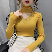 Large size European station autumn and winter pile neck sweater women long sleeve hot diamond top hollow high neck knitted base shirt