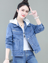 Cowboy coat girls spring and autumn 2022 new splice - up cap short tide in small - bat jeans