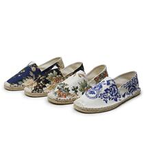 Summer breathable flat shoes ethnic style printed hemp shoes mens one pedal Chinese style canvas shoes fisherman leisure home