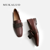  Wooden Carlo loafers womens pedal flat square head spring and summer leather retro small leather shoes soft leather flat heel shoes