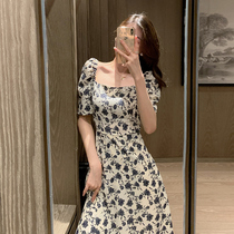 Broken Flowers Snowspun Tandem Dress 2021 Summer New body Body Waist White Mid-Length Style Vintage Retro Square Collar Long Dress