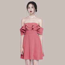 Thai Tide brand celebrity high-end temperament dress with one-collar shoulder ruffles ruffle pink design sense niche dress