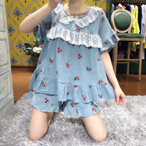 Summer ladies short sleeves Embroidered Cherry Pyjamas Korean version pure cotton cute princess Home Sleeping Dress Seven-minute Pants Suit