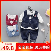 Infant suit boy clothes foreign air autumn clothing 100-day baby Baise Birthday Little Suit-Three sets