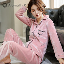 Japan Thermal Pyjamas Woman Gold Velvet Autumn Winter Home Suits Suit Plus Suede Thickened Long-sleeved Cardiovert Can Be Worn Out