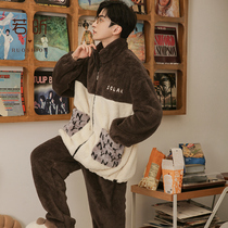 Mens Coral Suede Pyjamas Spring Autumn Winter Sky Plus Suede Thickened Winter Style Warm Flannel Suede Suit Suit