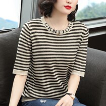 2021 Spring Summer Ice Silk Knit Womens Size Thin Loose Round Neck Mid-Sleeve Top Womens Striped Short Sleeve T-shirt