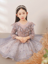 Childrens high-end host dress long sleeve puffy gauze girl birthday princess dress girl piano performance autumn and winter
