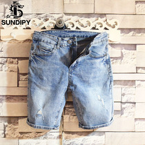 Summer slim Tide mens beggars hole wash do old denim shorts Korean version of ins straight tube 5 five five pants