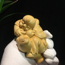 Boxwood carving boy play golden toad ornaments solid wood carving crafts living room home decoration ornaments gifts