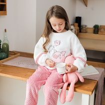 Girls Coral Velvet Pajamas Autumn and Winter Children Flannel Coated Home Clothes Womens Suit Small Girl